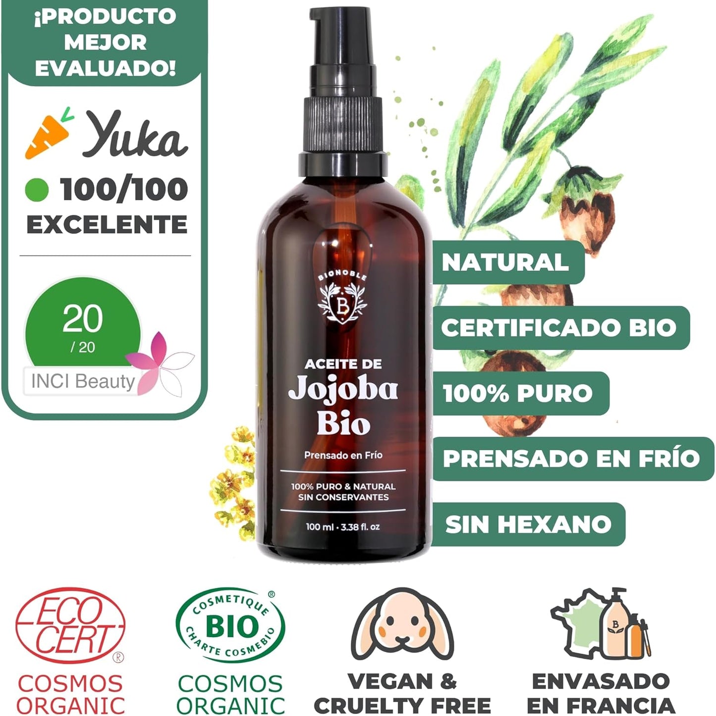 BIONOBLE Aceite De Jojoba 100 Puro Y Natural, Orgánico, Prensado En Frío - Equilibra El Sebo, anti Imperfecciones - Aceite Pelo, Piel, Uñas - Organic Jojoba Oil - Botella Vidrio, Bomba, Pipeta - 100Ml